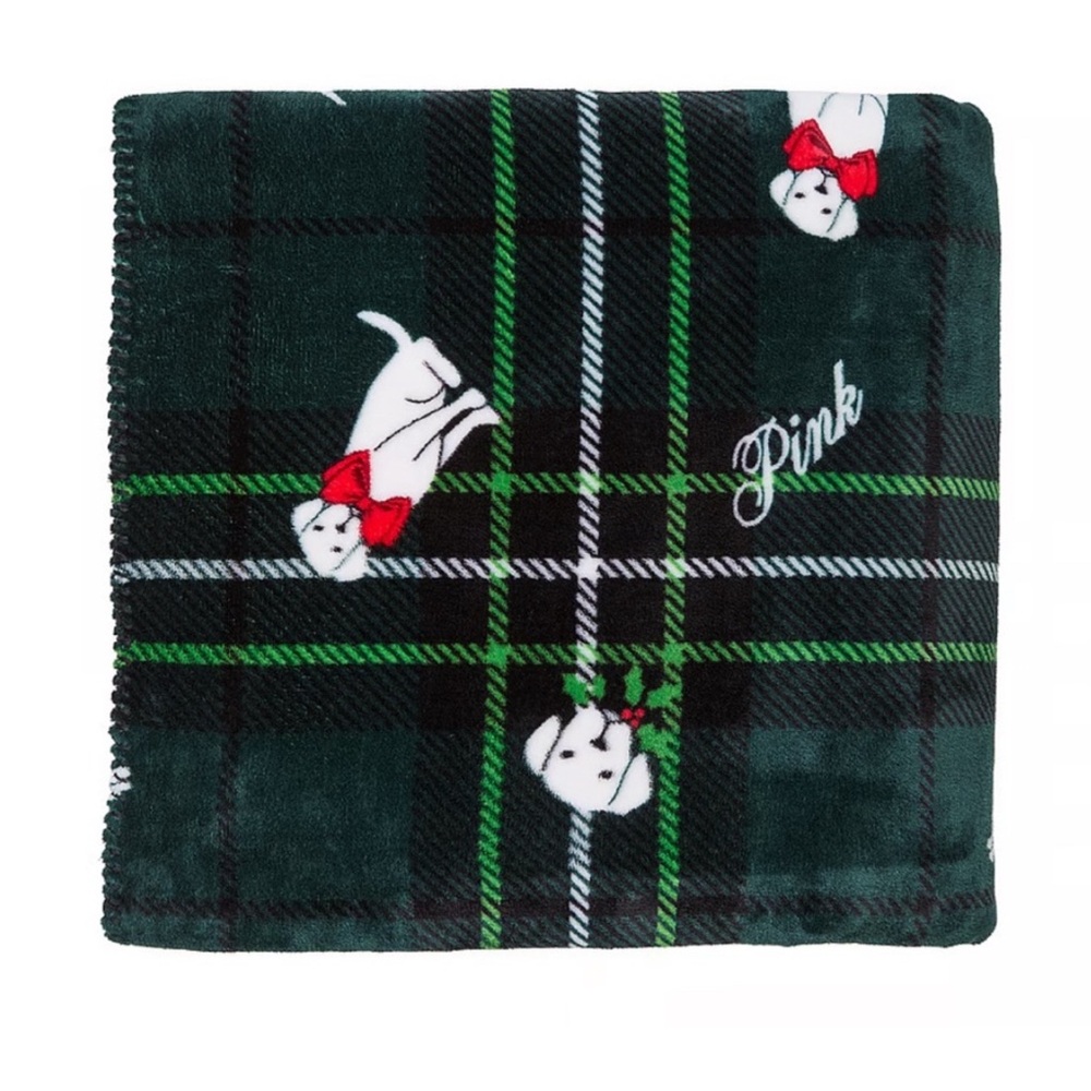 PINK Victoria's Secret Green Plaid Blanket with Dog Design